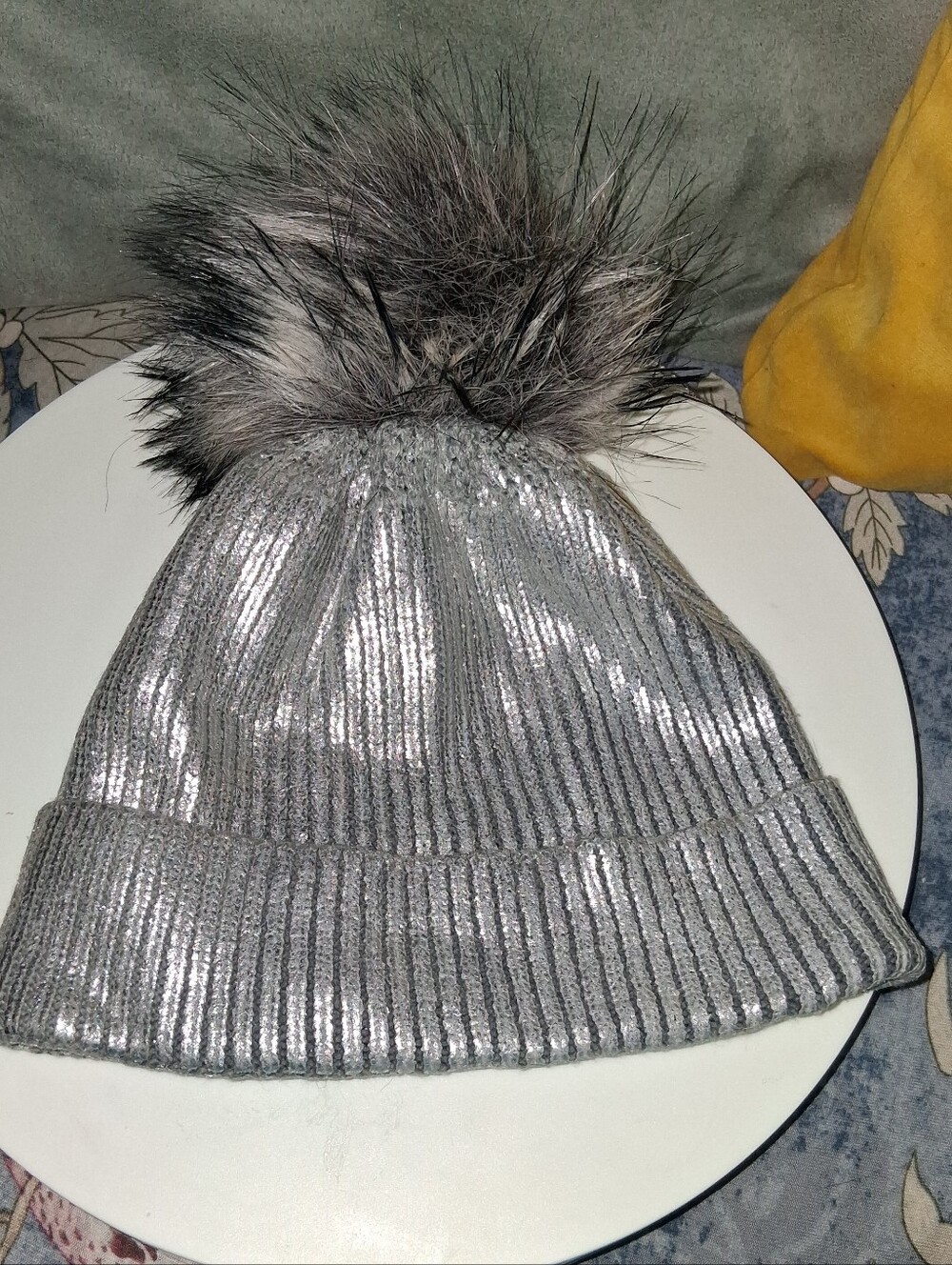 The Drop Metallic Silver Ribbed Knit Faux Fur Pom Pom Beanie One Size
